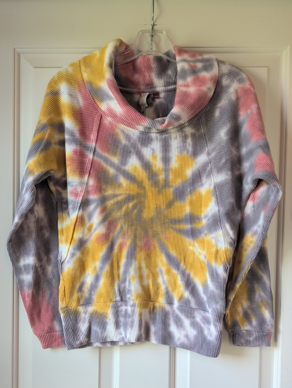 Oversized Tie-Dye Cowl Neck Waffle Weave Top